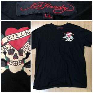 エドハーディ　LL ed hardy Tシャツ 半袖Tシャツ ブラック 90s コットン 半袖 カットソー プリント 黒 