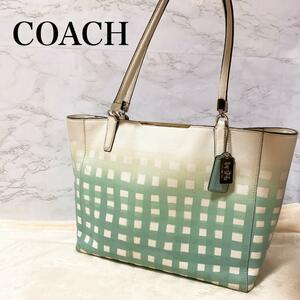 美品COACH コーチセミショルダーバッグトートバッググリーンホワイトチェック