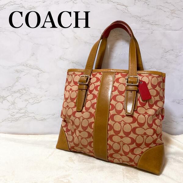 レアCOACH コーチセミショルダーバッグトートバッグレッド赤シグネチャー総柄