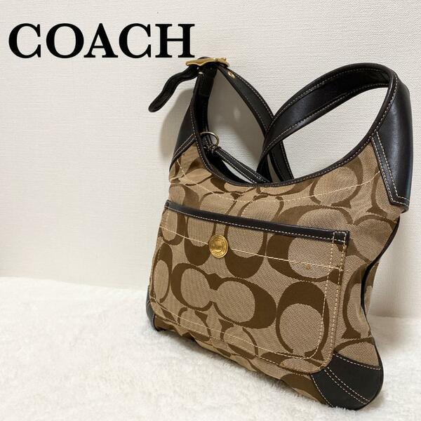 美品COACH コーチショルダーバッグハンドバッグシグネチャー総柄ブラウン茶