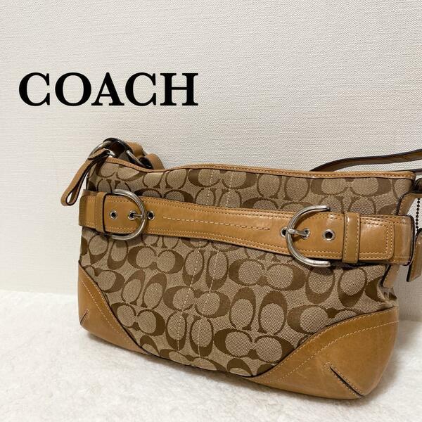 美品COACH コーチセミショルダーバッグトートバッグシグネチャー総柄キャメル