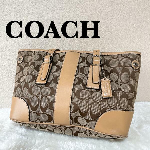 美品COACH コーチハンドバッグトートバッグブラウン茶シグネチャー総柄