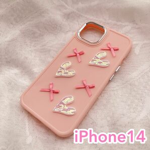 【立体】ピンク ハート ＆ リボン iPhone14ケース