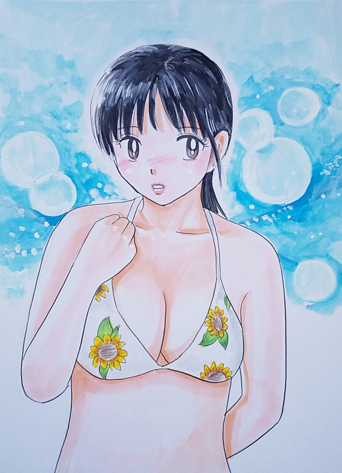 手描きイラスト, ひまわり柄 水着女子, コミック, アニメグッズ, 手描きイラスト