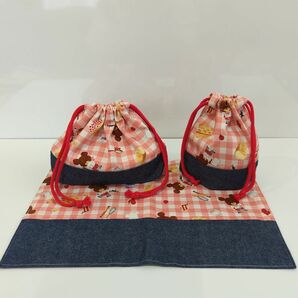 ＊くまのがっこう＊お弁当袋、コップ袋、ランチマット 3点セット ハンドメイド 入園 入学 新学期 幼稚園 保育園 小学生 給食