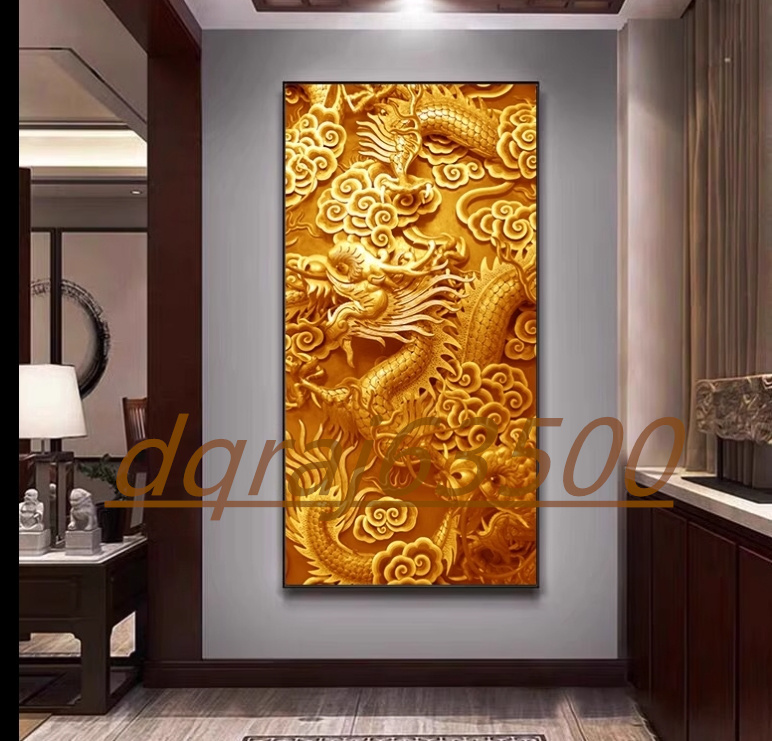 Peinture décorative de fond de canapé moderne, 40x80cm, peinture décorative de salle de dragon doré, peinture décorative d'entrée, Ouvrages d'art, Peinture, autres