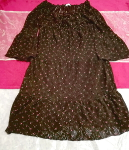 Dark brown long sleeve flower pattern lace negligee tunic dress, tunic & long sleeves & M size
