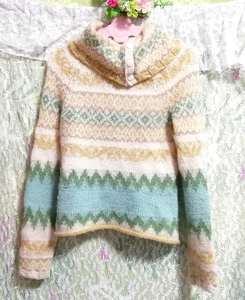 黄緑フローラルホワイトエスニック柄タートルネック長袖/セーター/ニット/トップス Yellow green floral white ethnic sweater knit tops