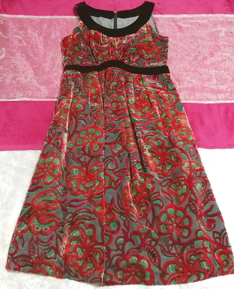 Red floral pattern velor sleeveless negligee nightgown tunic dress, knee length skirt, m size