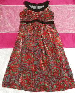 赤花柄ベロアノースリーブネグリジェチュニックワンピース Red flower pattern velour negligee sleeveless skirt tunic dress,ワンピース&ひざ丈スカート&Mサイズ