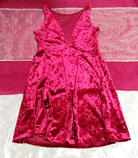 赤紫ベロアVネックネグリジェノースリーブワンピース Red purple velour V neck negligee sleeveless skirt dress