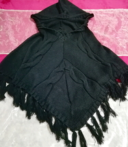 黒ブラックニットセーターフリンジポンチョケープ Black knit sweater fringe poncho cape_画像1
