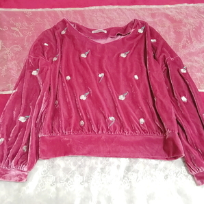 ピンク光沢長袖花柄チュニック/トップス Pink luster long sleeve flower pattern tunic tops