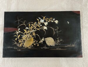 木壁掛　額　鶉　貝殻　67×40,5cm