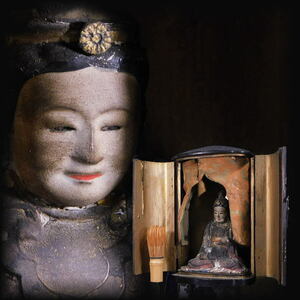 【時代仏教美術　彩色木彫　阿弥陀如来座像（厨子入）／古美術・菩薩・観音・文殊・普賢・玉眼】