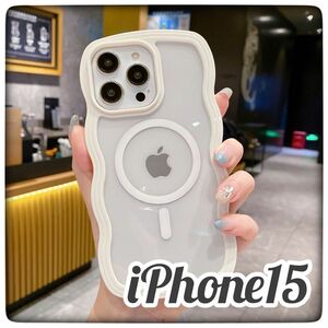 iPhone15 スマホケース　ウェーブ　ホワイト　マグセーフ　なみなみ　韓国　iPhoneケース　MagSafe アイフォン