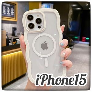 iPhone15 スマホケース　ウェーブ　ホワイト　マグセーフ　なみなみ　韓国　MagSafe iPhoneケース　クリア　カバー