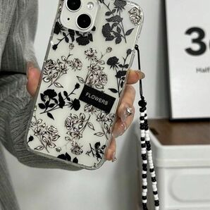 iPhone 12 mini ケース　花　ブラック　フラワー　モノトーン　クリアケース　ストラップ　付き　可愛い　オシャレ　カバー
