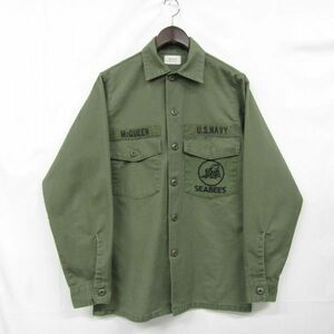 80s the US armed forces the truth thing size 14 1/2×33 U.S.NAVY OG-507 long sleeve utility shirt SEABEES olive military old clothes Vintage 3MA2307