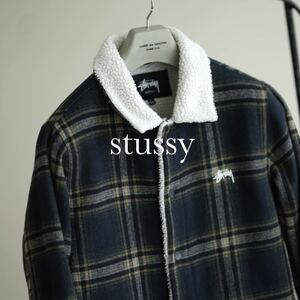 stussy ストックロゴ 刺繍 チェック ボア ジャケット ランチコート ステューシー ネイビー 紺