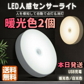 人感センサー 暖光色 2個セット 人感ライト 人感センターライト 電球色 LED ワイヤレス 自動点灯 小型 ナイトライト 常夜灯 ライト 照明 