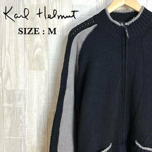 M3542 Karl Helmut Karl hell m full Zip cardigan M size men's black gray wool 100% made in Japan outer outer garment feather woven long sleeve 