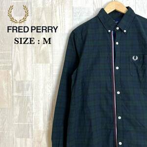 M3572 FRED PERRY フレッドペリー　ボタンダウン長袖シャツ　Mサイズ　チェック柄　綿100％　コットン100％　メンズ　深緑　ネイビー