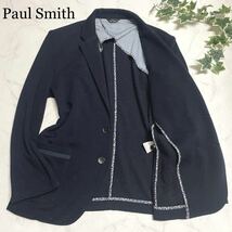 【極美品】◆Paul Smith ポールスミス◆テーラードジャケット《サイズXL相当》パイピング 裏地花柄 お洒落 ミックス生地 伸縮 日本製 紺色_画像1