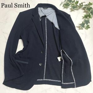 【極美品】◆Paul Smith ポールスミス◆テーラードジャケット《サイズXL相当》パイピング 裏地花柄 お洒落 ミックス生地 伸縮 日本製 紺色