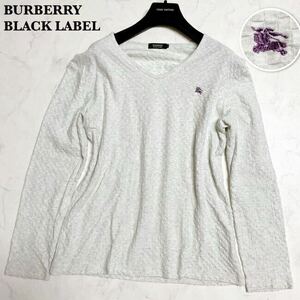 美品/Lサイズ●BURBERRY BLACK LABEL バーバリーブラックレーベル 長袖Tシャツ ロンT Vネック 立体 ワッフル織 三陽商会 ホース刺繍 グレ