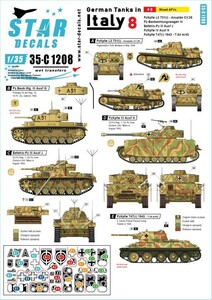 スターデカール 35-C1208 1/35 German Tanks in Italy # 8. CV.35, Pz-Beob.Wg. III, Bef-Pz III J, PzKpfw IV H, T-35 m/1943.