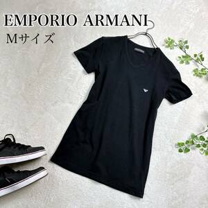 【美品】 エンポリオアルマーニ（EMPORIO ARMANI）半袖 Vネック アンダーウェアＴシャツ Mサイズ ブラック 黒 バックプリントカジュアル