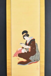 K3178 模写 彩江「寝る子」絹本 合箱 美人画 人物画 着物美人 親子 母 風俗画 日本画 中国 書画 絵画 掛軸 掛け軸 人が書いたもの