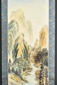 K3216 真作 島心象「山水」絹本 共箱 肉筆 心象 日本画 中国 書画 絵画 掛軸 掛け軸 古美術