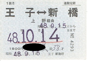 【通勤定期乗車券】王子⇔新橋　昭和48年　国鉄