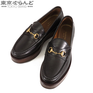 101707895 グッチ GUCCI ホースビット ローファー ブラック レザー 厚底 36 1/2 ウッドソール レディース