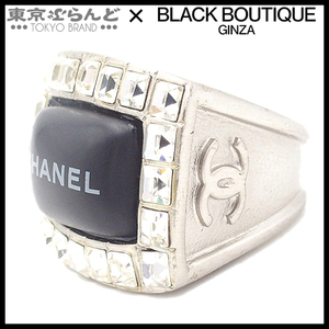 241100041000 シャネル CHANEL スクエア ロゴ ラインストーンリング 00A ブラックxシルバー メタル 指輪 レディース 13号相当 ヴィンテージ