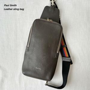 ■Paul Smith ポールスミス レザー ボディバッグ ショルダー 斜めがけ 上品 お洒落 キレイ目コーデ 普段使い マルチストライプ グレー