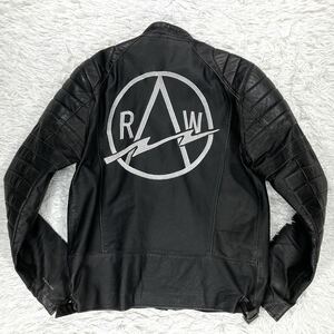 【極美品 超希少 L】G-STAR RAW シングル ライダース レザー 本革 刺繍 ヴィンテージ加工 ロゴプレート ジースターロウ メンズ ブラック 黒