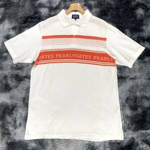 【美品 XL】 PEARLY GATES ポロシャツ ロゴ 半袖 鹿子 カノコ ボーダー パーリーゲイツ メンズ ゴルフ ホワイト オレンジ サイズ6 高品質 