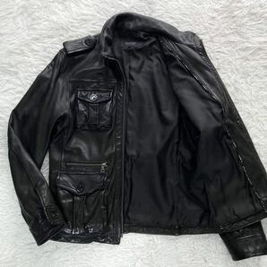 【希少 良品 L】 Burberry Black Label M-65 ラムレザー ジャケット ミリタリー 羊革 エポレット バーバリー ブラックレーベル メンズ 黒の画像1