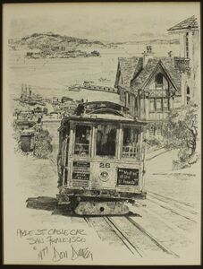 D222【複製工芸品】 線画 Don Davey ドン・デイビー Hyde St Cable Car San Francisco 1977 ケーブルカー サンフランシスコ drawing