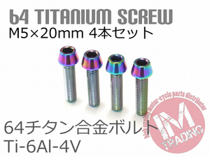 64チタン合金ボルト M5×20mm P0.8 4本セット テーパーキャップ ゆうパケット対応 焼き色あり レインボー Ti-6Al-4V GR5