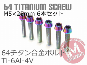 64チタン合金ボルト M5×25mm P0.8 6本セット テーパーキャップ ゆうパケット対応 焼き色あり レインボー Ti-6Al-4V GR5