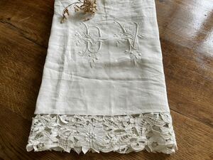  France antique linen sheet flower character initial [DV]lishu dragon hand embroidery 