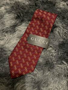 【新品未使用・タグ付き】　GUCCI グッチ　紋章柄　GG柄　ダークレッド　総柄 ネクタイ シルク 極上