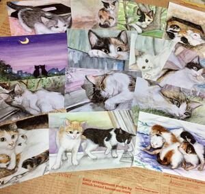 【ゆうメール送料無料!】オリジナル ポストカード 14枚セット 猫 子猫 手描き イラスト 複製 水彩画【あおきしずか】, 印刷物, 絵はがき、ポストカード, 動物