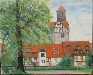 Art hand Auction Rinnosuke Egawa Quedlinburg F15 Ölgemälde, Eine Stadt in Deutschland mit beeindruckenden roten Dächern, Kein Rahmen, Das Ergebnis, Malerei, Ölgemälde, Natur, Landschaftsmalerei