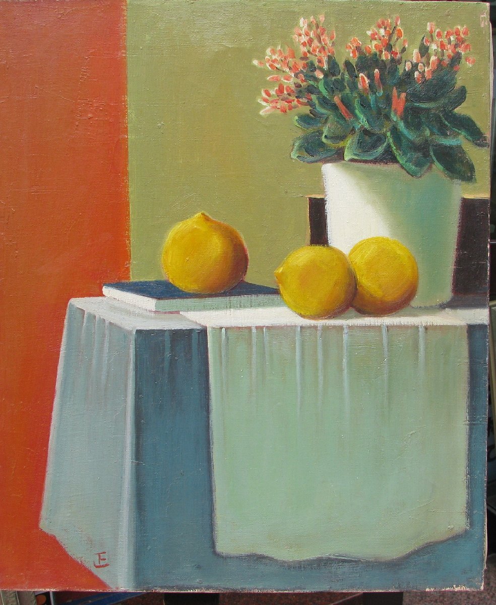 Tadashi Fujikawa Still Life No. 8 oil painting, Still life with lemons and flowers, Kyoto Toho Art Handling, Completion of disposition, painting, oil painting, still life painting