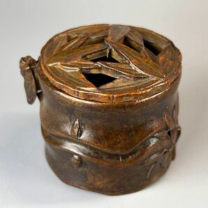 古美術 時代物 古銅 極細工 竹紋 夏蝉 茶香炉 琴炉 安眠香炉 在銘 香道具